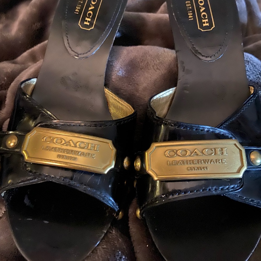 Coach Black and Gold Leather Slides